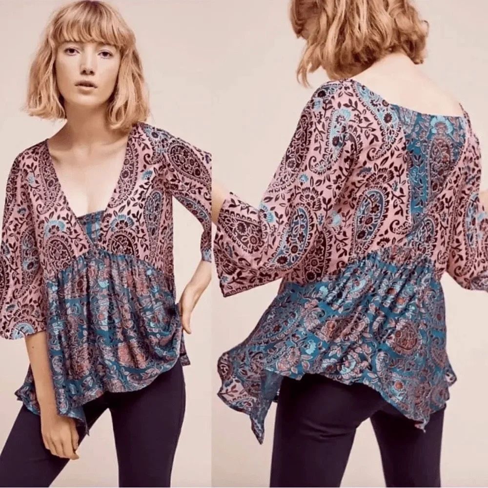 Anthropologie Floreat Valo Velvet Burnout Silk Blend Paisley blouse size small